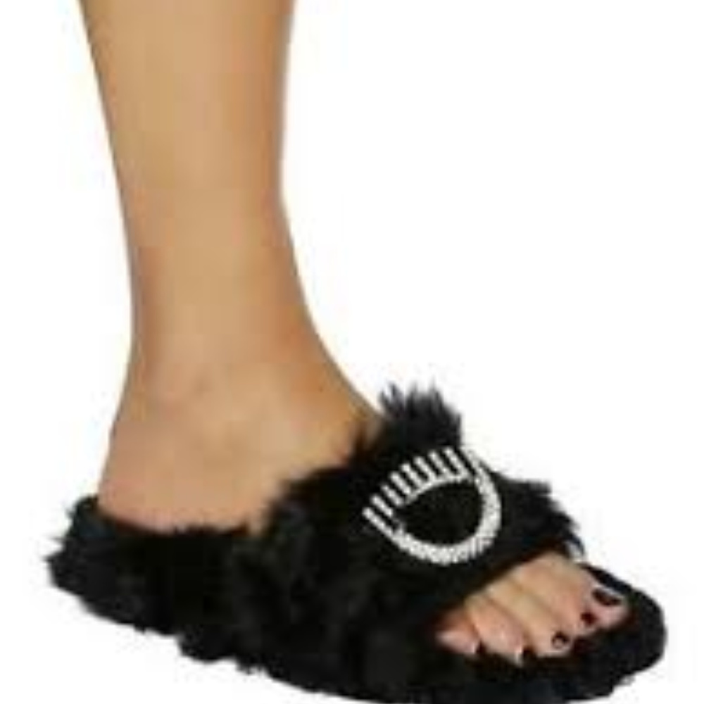 CHIARA FERRAGNI EMBELLISHED EYE LAMB FUR SANDALS - Picture 1 of 5